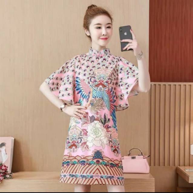 Dress Cheongsam Pink Murah Baju Imlek Congsam Qipao Merak Wanita