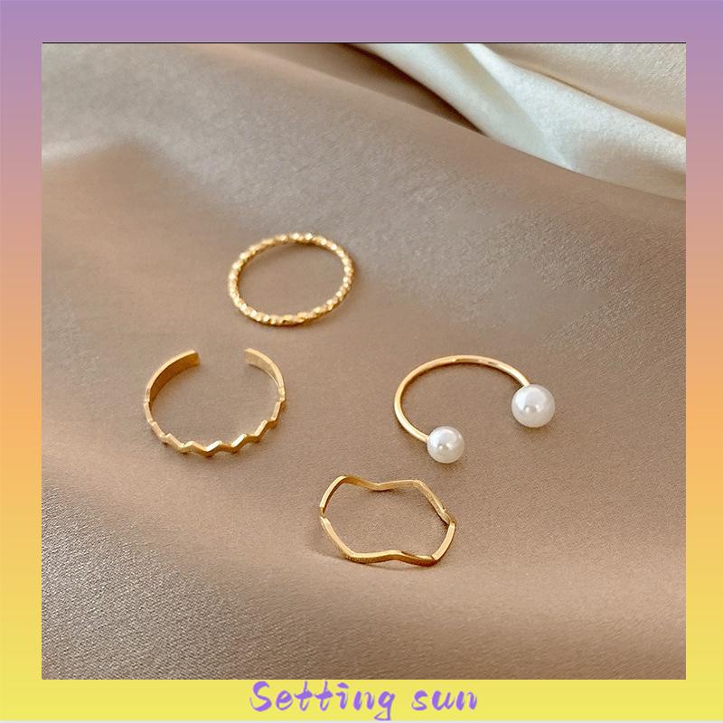 4 Pcs/set Korea Cincin Emas Untuk Wanita Sederhana Mutiara Elegan Cincin Set Dapat Disesuaikan Terbuka Perhiasan Hadiah TN