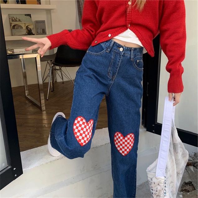 Korean Style Import Biru tua denim lurus high waist longgar celana jeans panjang wanita