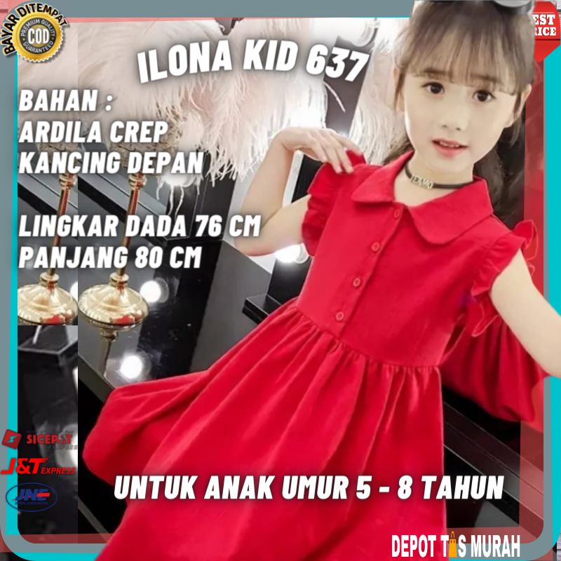 Baju dress ilona merah gaun pesta party anak cewek cewe perempuan umur 5 6 7 8 tahun