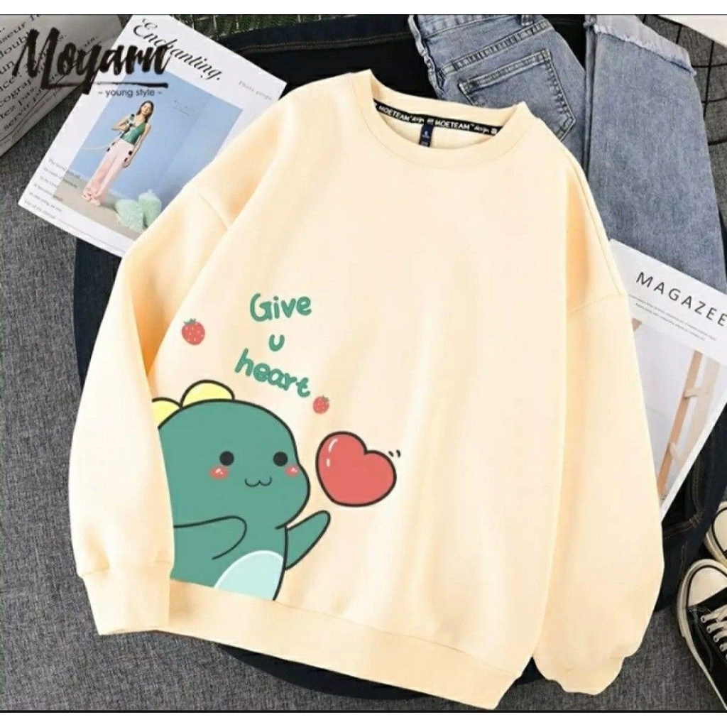 SWEATER WANITA DINO GIVE U HEART - CREWNECK WANITA LUCU PREMIUM