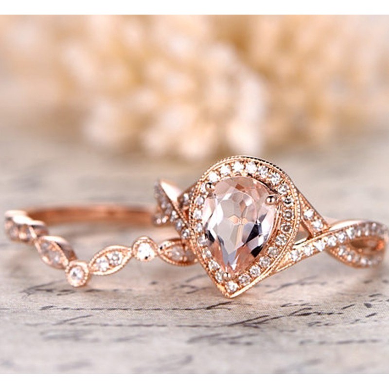 18K Rose Gold 2 Carat Round Morganite and Diamond Halo Bridal Wedding Ring Set