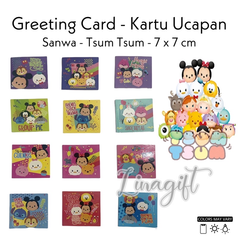 ( Set 12 Pc ) GREETING CARD SANWA 7X7 - KARTU UCAPAN SANSAN WAWA - GIFT CARD MICKEY PRINCESS HELLOKITTY FROZEN TSUM SPIDERMAN BIRTHDAY