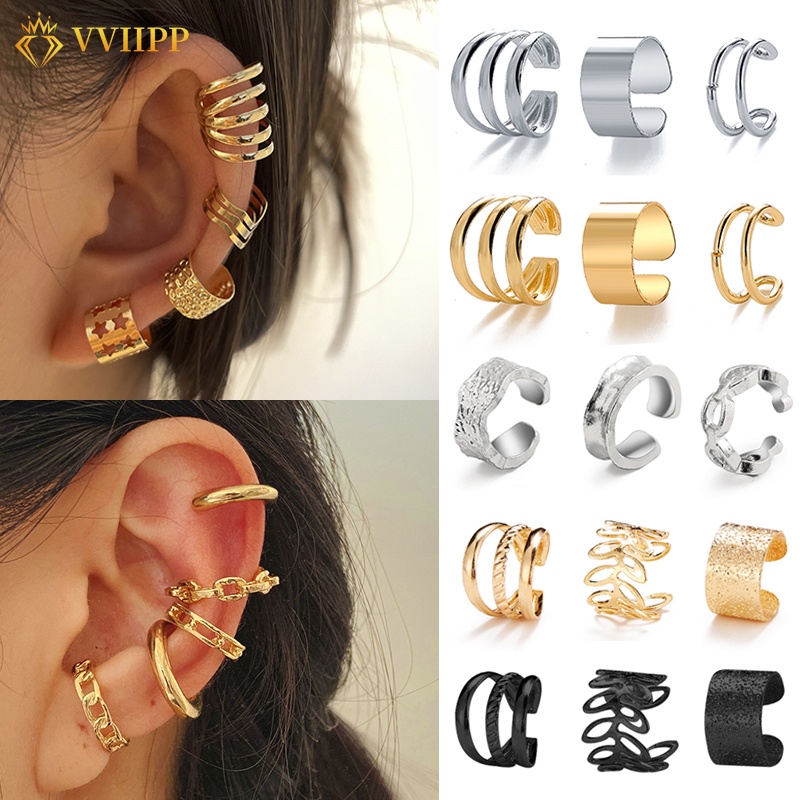 12pcs / Set Anting Klip Desain Kupu-Kupu Bahan Metal Warna Emas / Silver Untuk Wanita