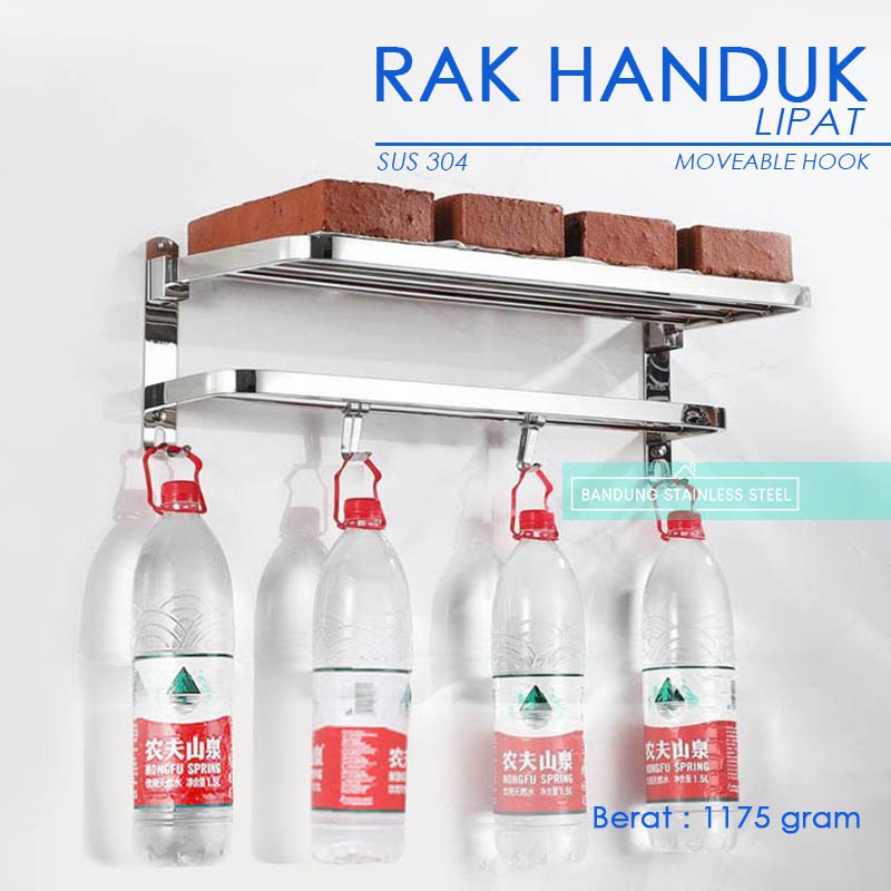 sus 304 Rak tempat handuk lipat stainless steel 4 baris plus kait geser 919 kamar mandi