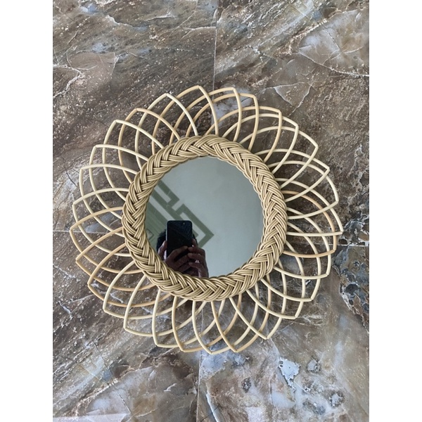 Kaca Cermin Dinding 20cm Anyaman Aesthetic Mirror Rotan Sintetis Kaca 20cm