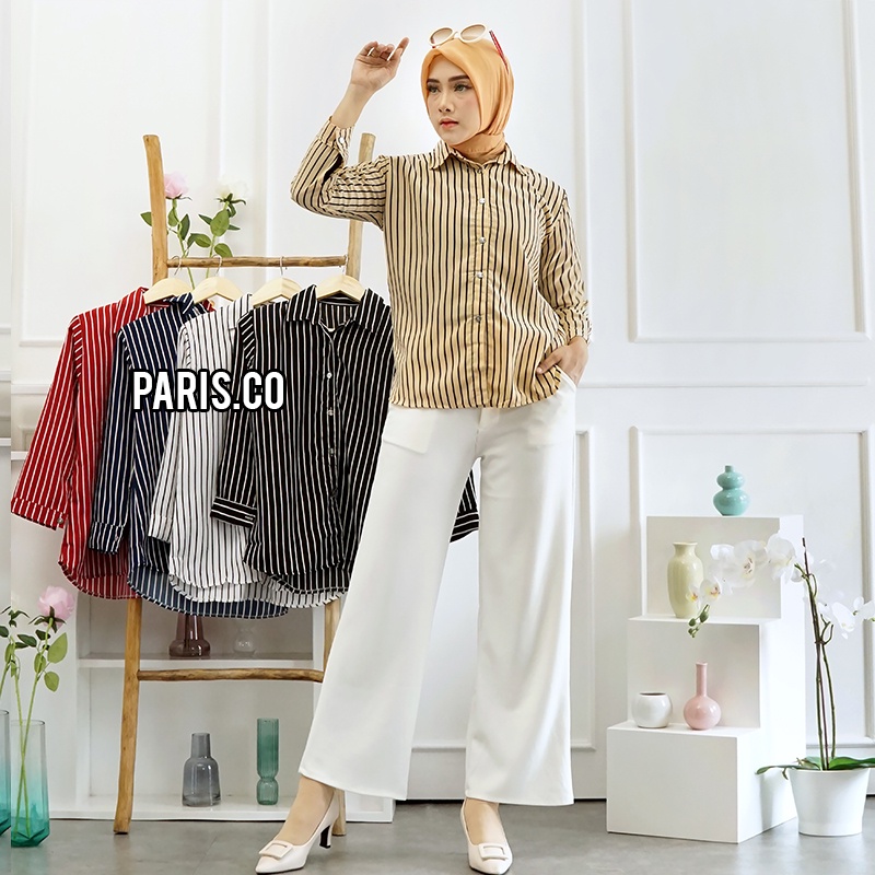 Kemeja Wanita Salur Atasan Blouse Monalisa Stripe Lengan Panjang Korean Style Motif Garis Garis Wolfis