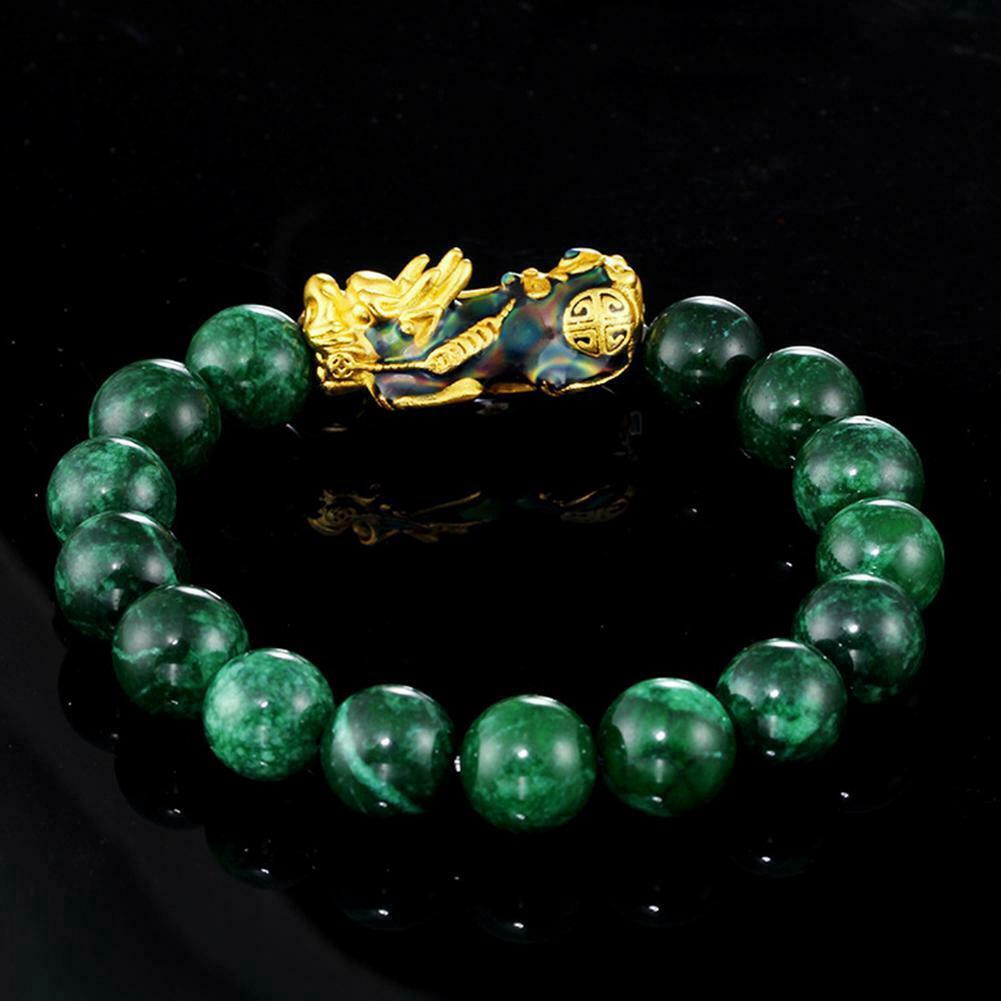 Lucky Feng Shui Mantra Amulet Obsidian Carved Pixiu Green Bracelet Jewelry