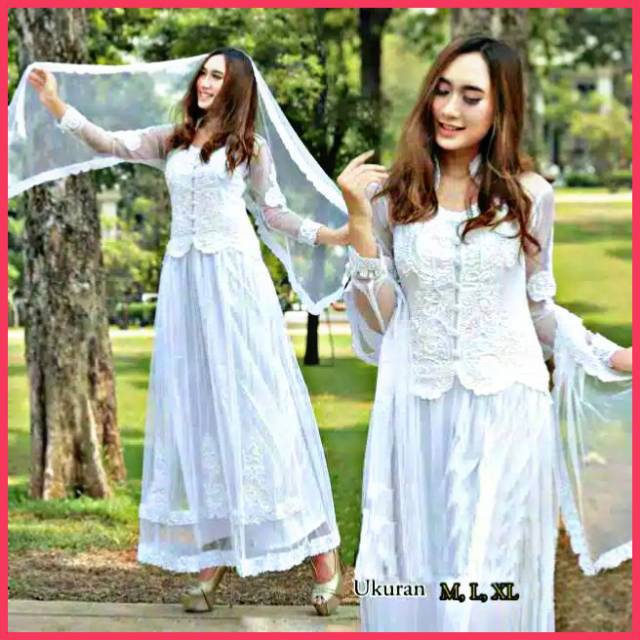 baju kebaya full payet akad nikah pengantin modern putih populer jodha dress kerudung panjang