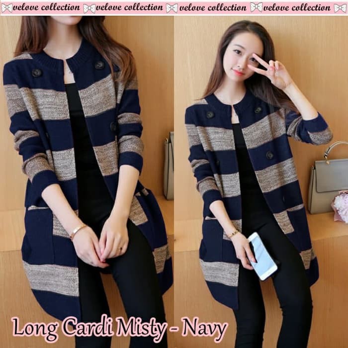 Fashion Wanita Murah Ls Vika Cardi Bhn Scuba Cardigan Cewek M MA514 Long Cardi Misty Tone - Navy