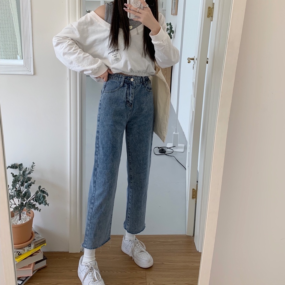 Import Premium Bergaya Highwaist Loose Straight Rawis Celana Jeans Panjang Wanita