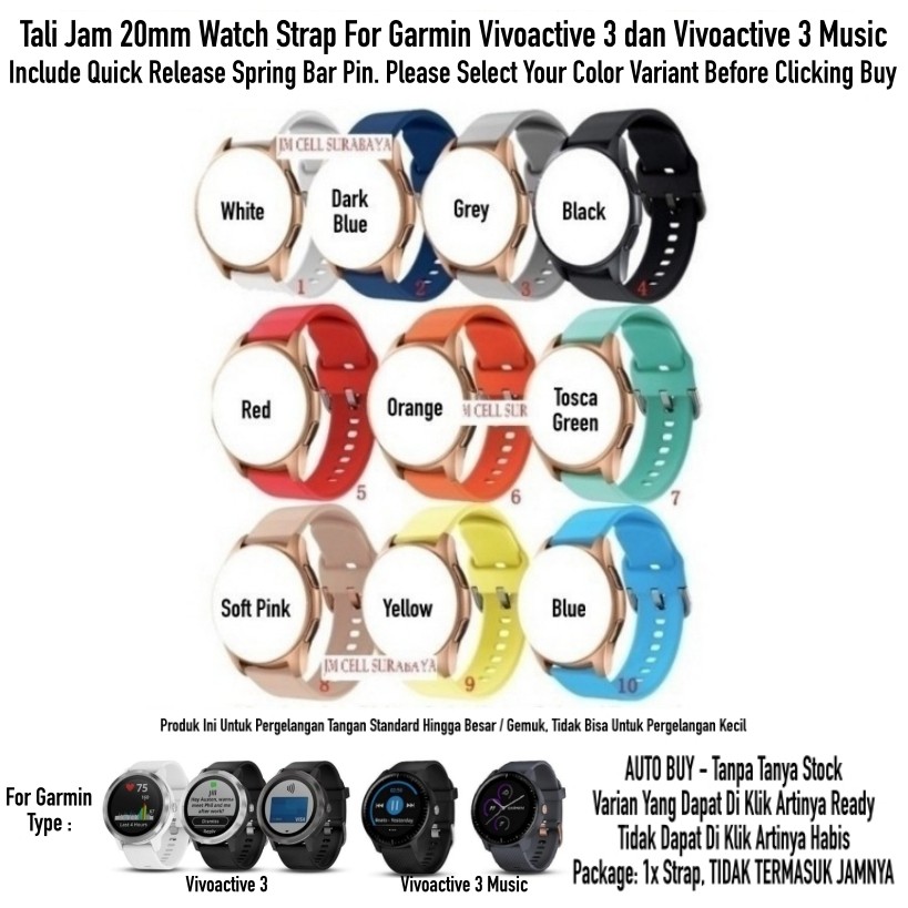 ATL Tali Jam 20mm Watch Strap Garmin Vivoactive 3 / Music - Rubber Active Large Panjang