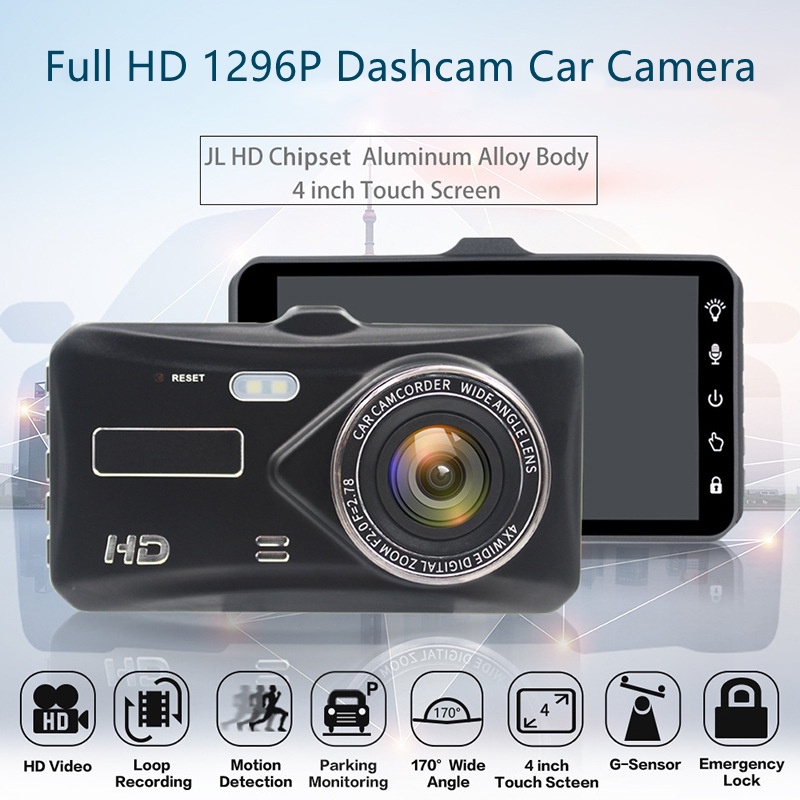 dash cam car hd 1296p 4  touch screen dashboard dual lens front rear night vision 170   wide loop re