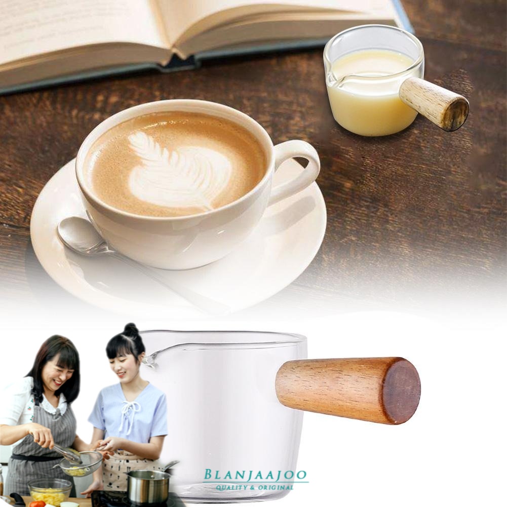 Gelas Kaca Handle Kayu Pitcher Kopi Latte Art Borosilicate Glass 50ml Peralatan Kopi Perlengkapan Da