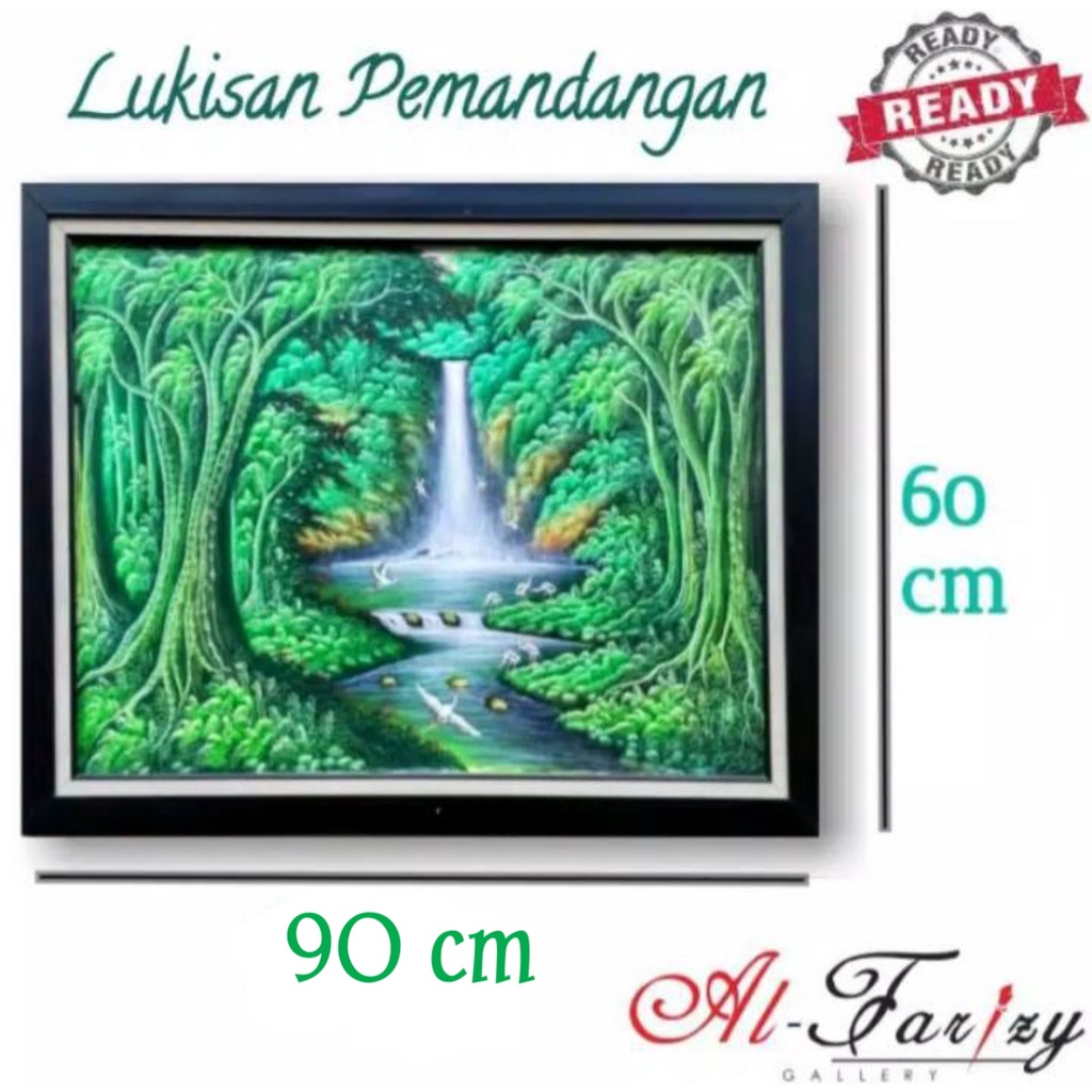 Lukisan pemandangan alam sawah  air terjun minimalis unik  Ukuran 90x60 cm Tanpa Frem