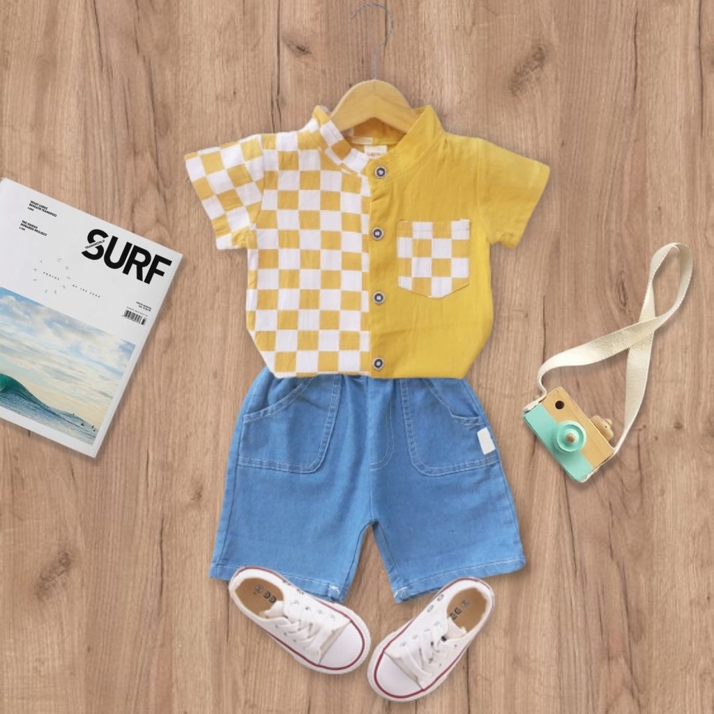 HappyOliver SET CHESS JEANS EBV Setelan Kaos Anak Bayi Laki-laki Pendek 6bulan - 4tahun