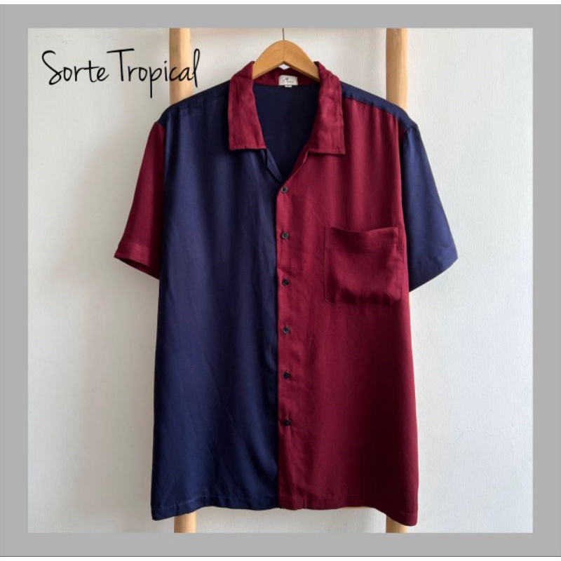 Kemeja Hawaiian Shirt Plain Polos - Two Tone Edition Navy Maroon