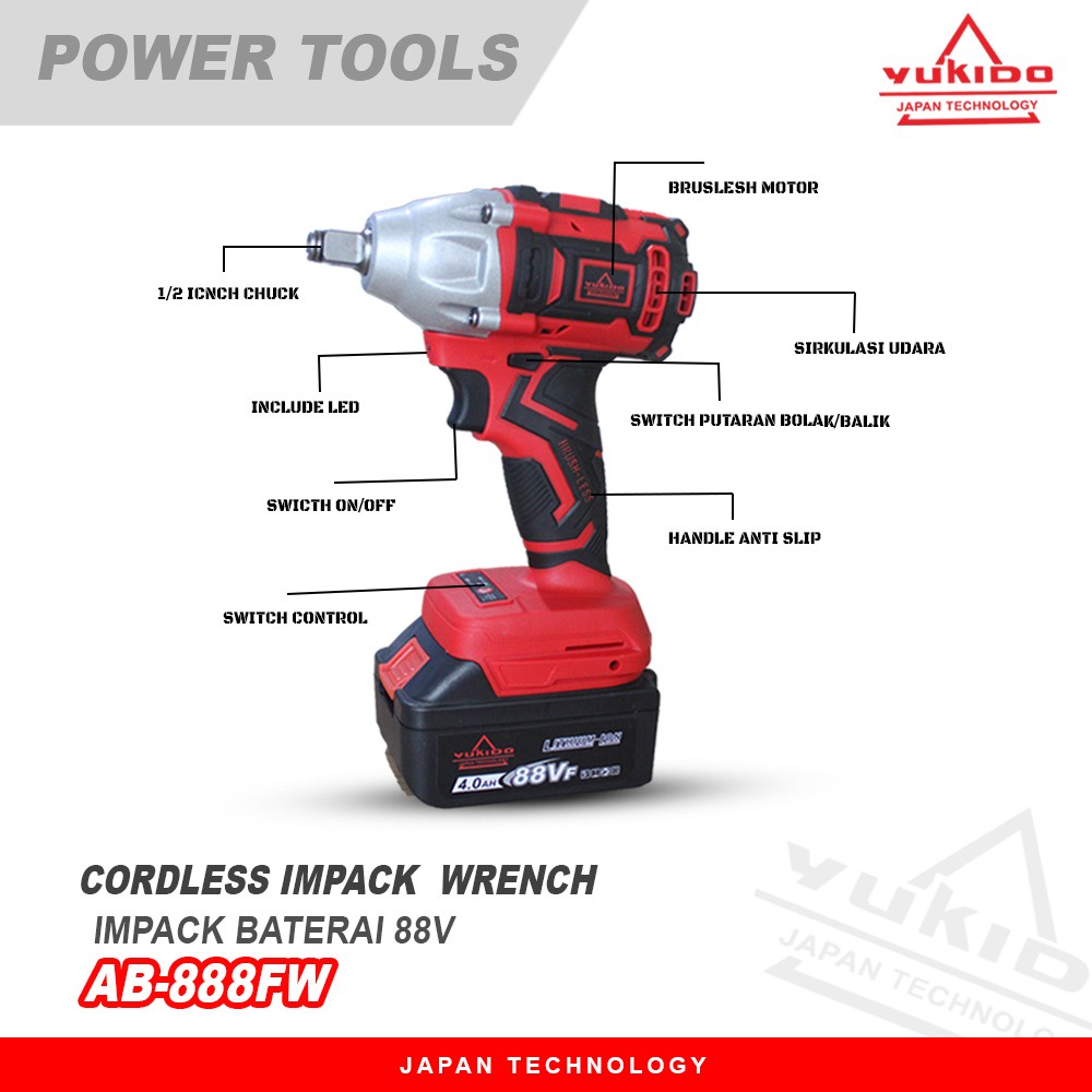 Yukido Cordless Impact Wrench AB-888-FW  48V Brushless  Bor Obeng Kunci 48 Volt