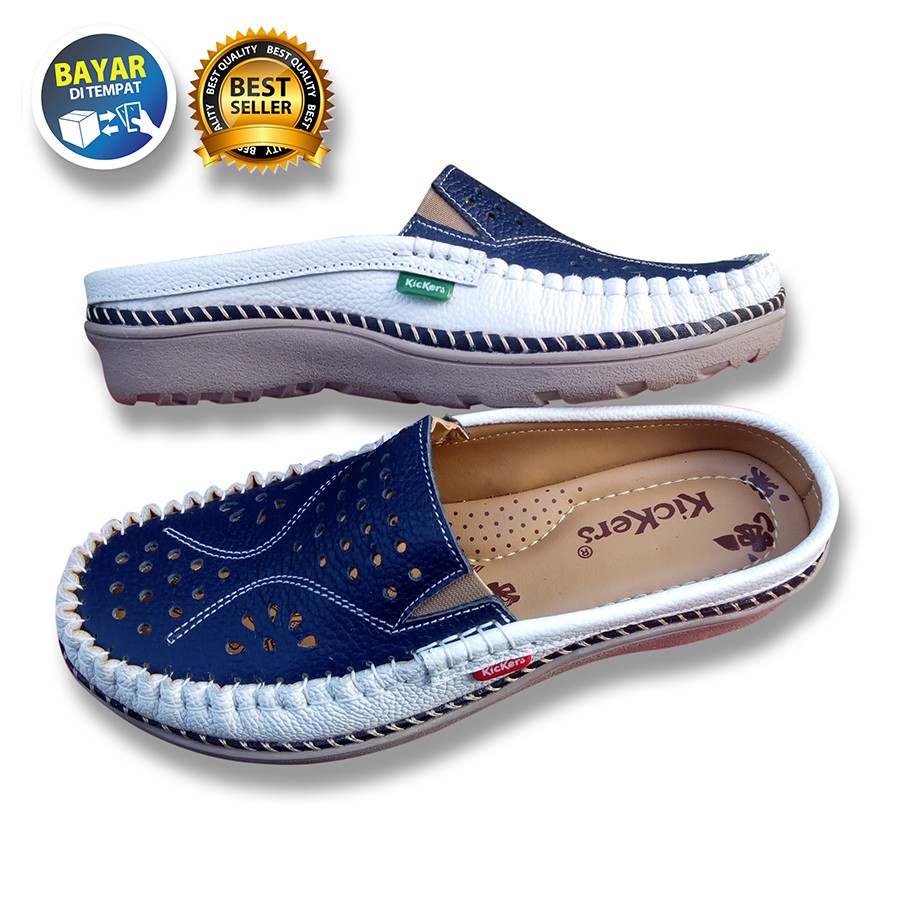 PROMO 4.4 MEGA SALE !! SEPATU WANITA DEWASA KULIT SAPI ASLI SLOP RAMPEL BIRU PUTIH / SAKIPO