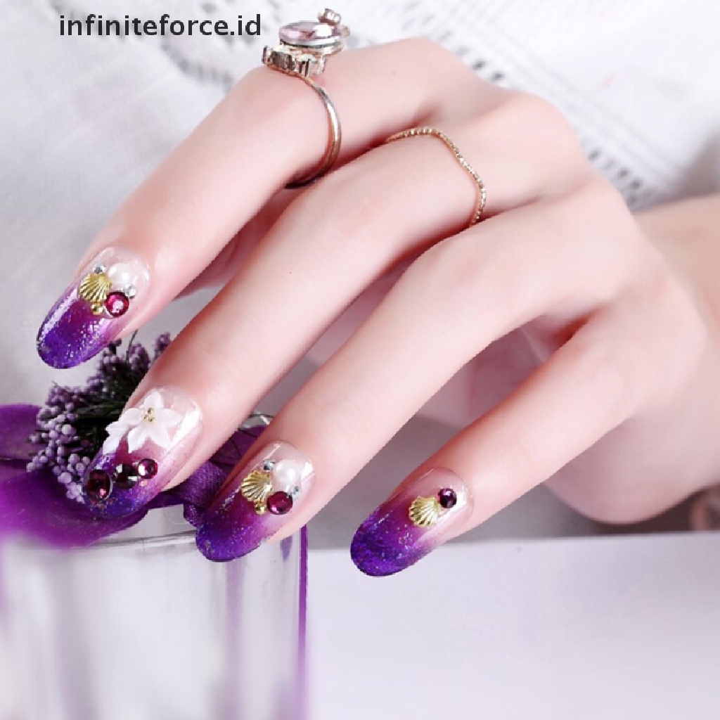 (Infiniteforce.Id) 24pcs / Set Kuku Palsu Akrilik Uv Gel Motif Ukiran Bunga Warna Ungu Untuk Nail Art