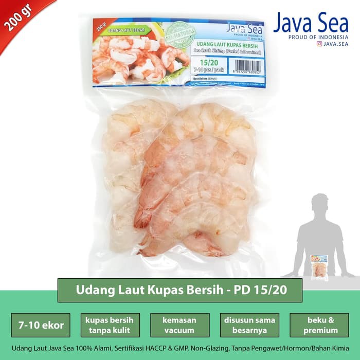 

JAVA SEA Udang Laut Beku Kupas Bersih 15/20 pack 200gr isi 7-10 ekor