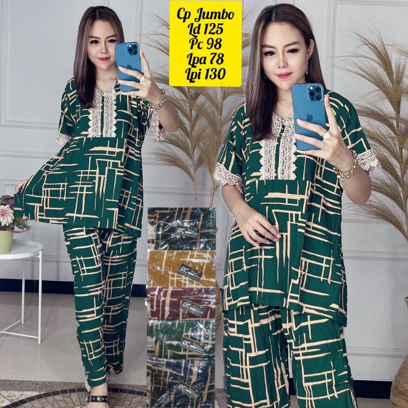 0Setelan Celana Jumbo Motif Garis Garis Busui Tali Belakang One Set Lengan Pendek Busui