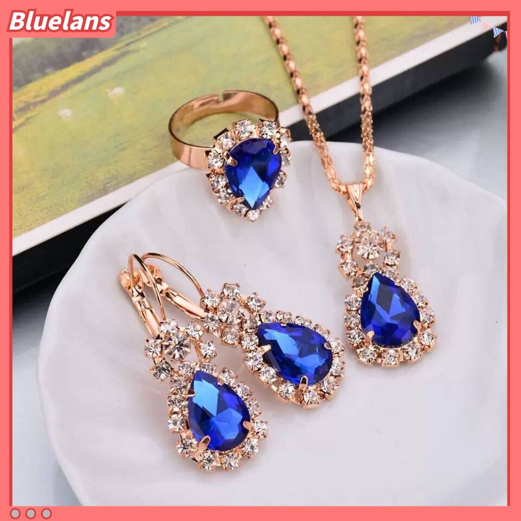 3pcs / Set Kalung Anting Cincin Liontin Water Drop Berlian Imitasi Bahan Alloy Warna Cerah Untuk Aksesoris