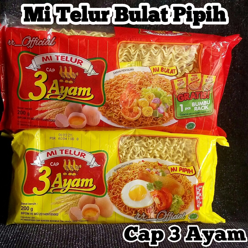 

Mi Tiga Ayam pipih kriting bulat gratis bumbu racik mie telur jadul