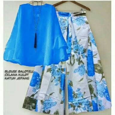 Set Kulot Alexandra Biru Baju Setelan Wanita Muslim Setelan Kulot