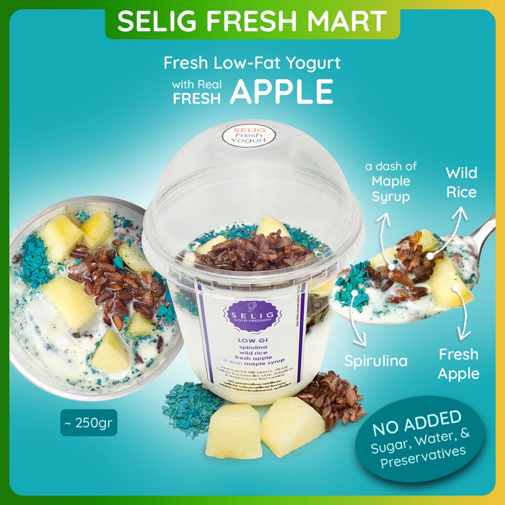 

Fresh Low Fat Yogurt Spirulina, Wild Rice, & Apel ~250gr Low GI - Selig Fresh Mart