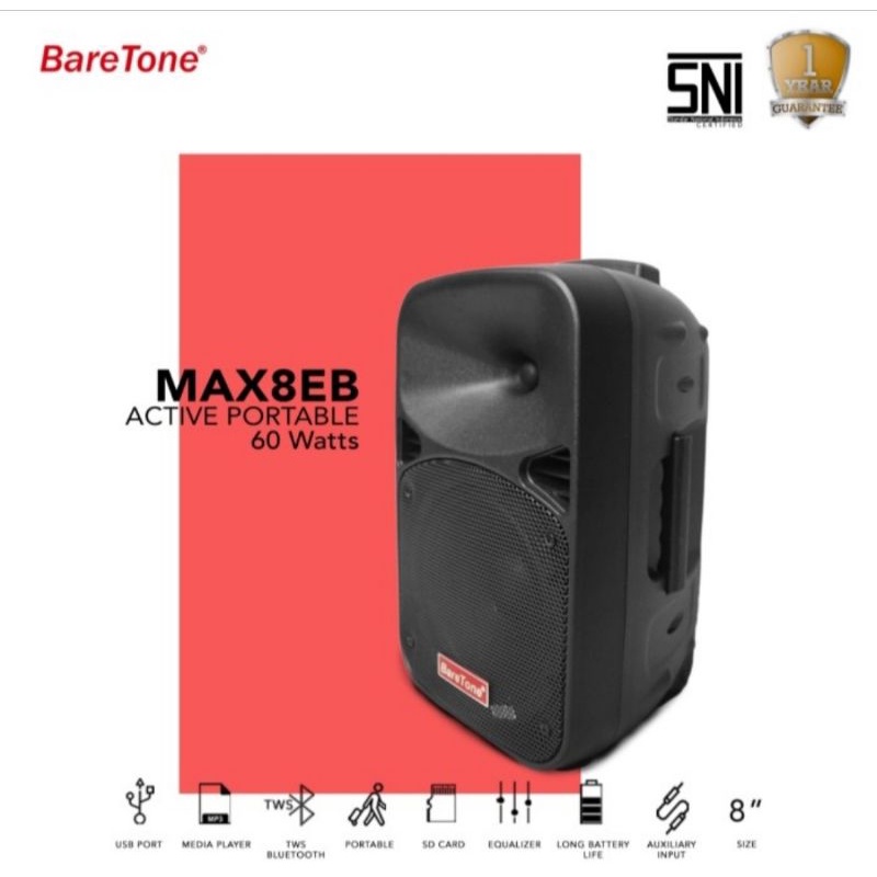 SPEAKER PORTABLE AKTIF WIRELESS MEETING BARETONE 8 INCH MAX 8EB BLUETOOTH ORIGINAL