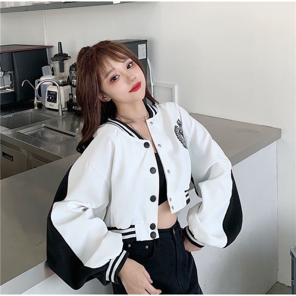 JAKET WANITA TWO TONE BASEBALL CROPE JAKET / JAKET VARSITY / JAKET CROP WANITA KOREA