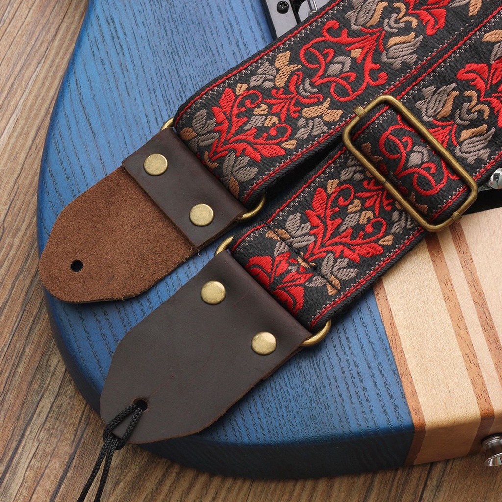 Strap Gitar Bahan Kulit Motif Bunga Warna Hitam Dan Merah Gaya Bohemia