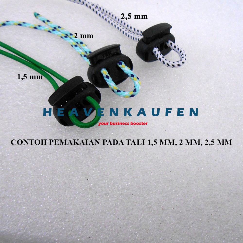 Stopper Tali YKK Dua Lubang Warna Hitam Untuk Tali Kecil 1,5 mm s/d 2,5 mm Harga Per Biji