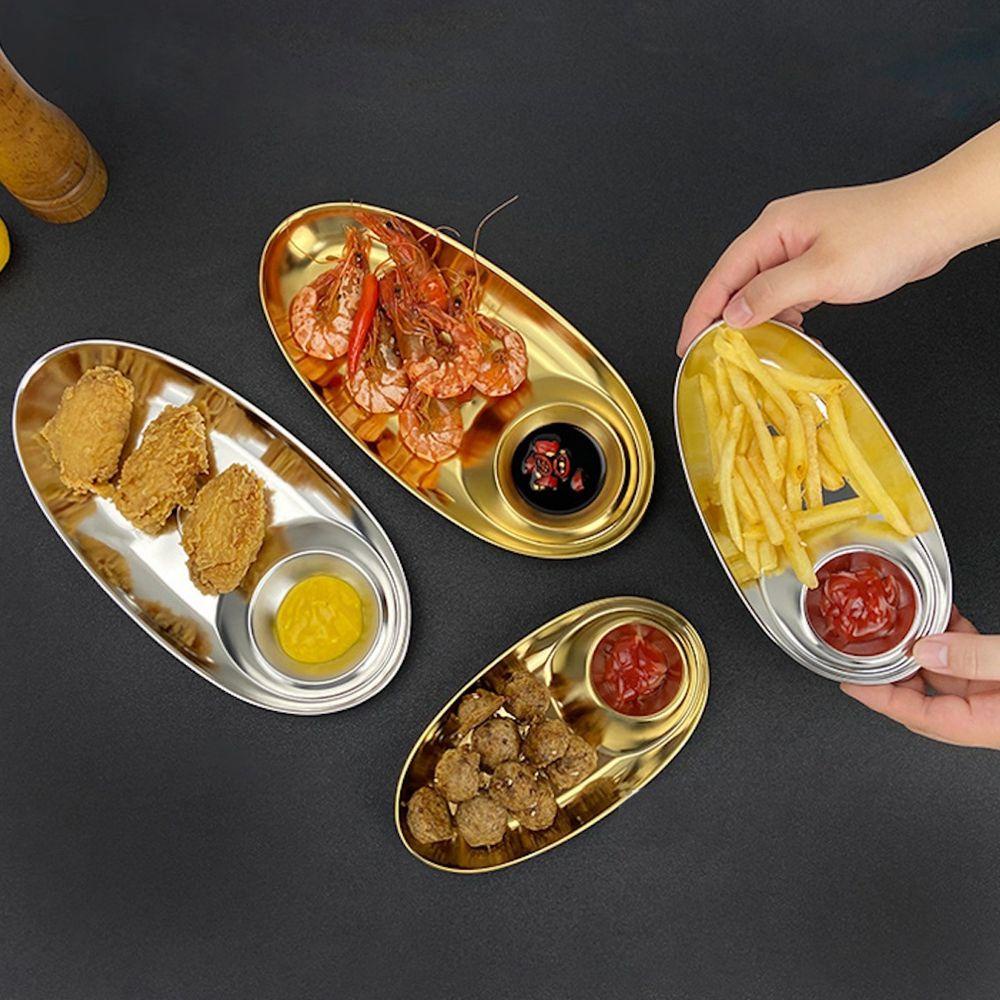 [Elegan] Piring Snack Sekat Grid Barbekyu Peralatan Makan Piring Nampan304 Stainless Steel Dapur French Fries Plate