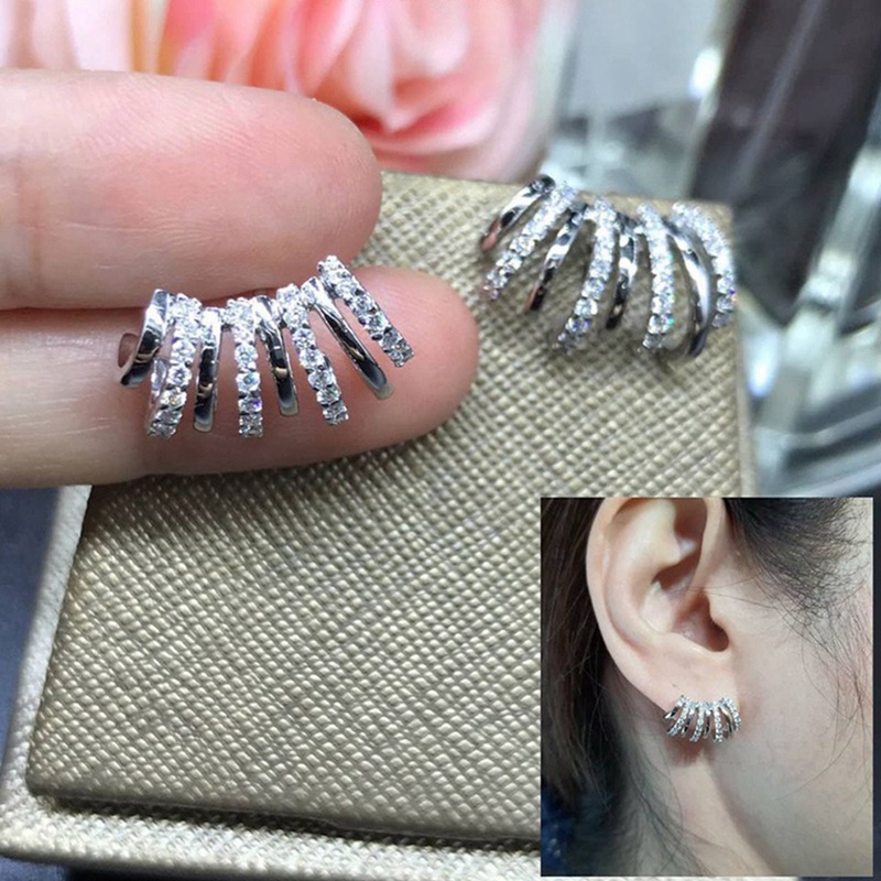 Anting Stud Desain Cakar Aksen Batu CZ Warna Silver Untuk Wanita