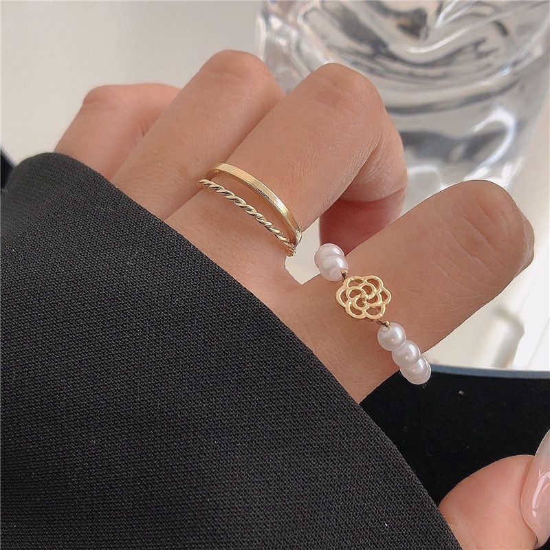 YEEZII Set Cincin Adjustable Desain Bunga Kupu-Kupu Aksen Mutiara Gaya Korea Untuk Wanita