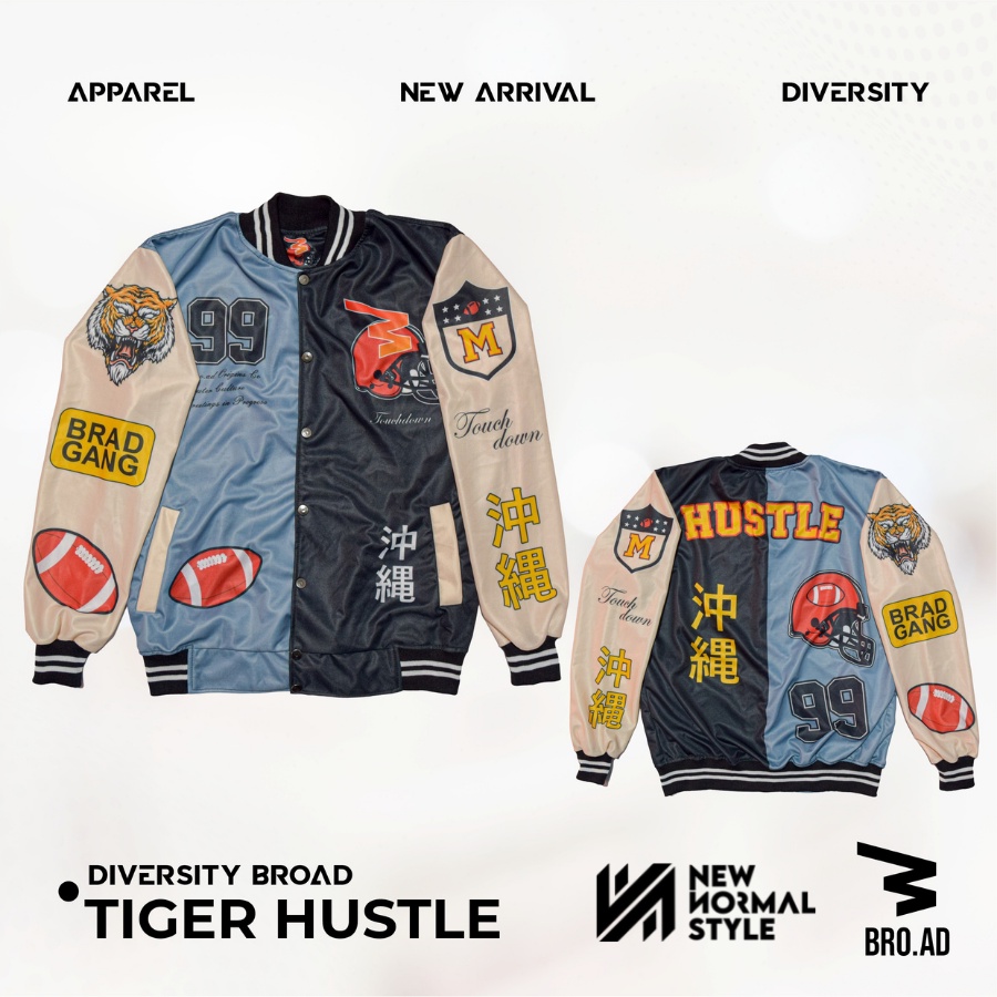 TIGER HUSTLE SERIES Jaket Baseball Varsity Bomber Vintage Jacket Casual Pria Wanita Cowok Laki Distro Keren Dewasa Terbaru Original