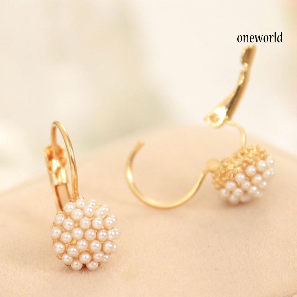 OW@ Fashion Women Round Faux Pearl Charm Leverback Earrings Piercing Jewelry Gift