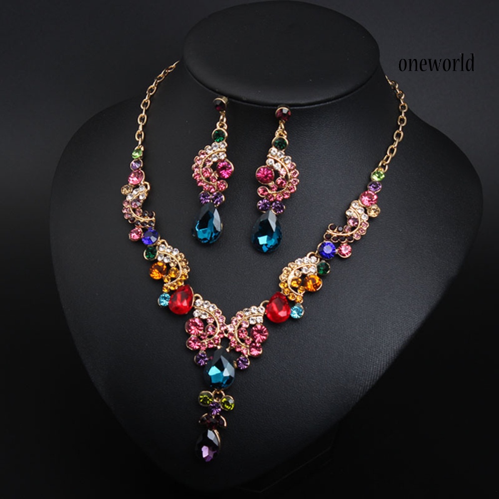 OW@ Luxury Women Rhinestone Pendant Chain Necklace Stud Earrings Wedding Jewelry Set