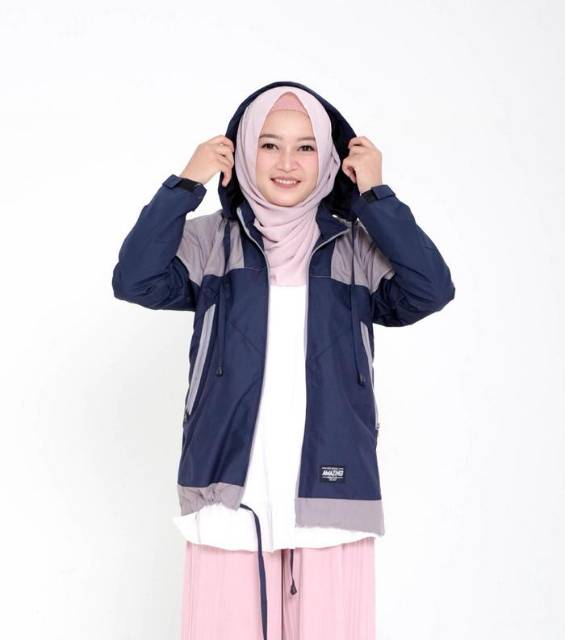 AMZ JACKET Jaket Parasut WANITA Waterproof  Anti Air Angin Jaket Outdoor Gunung Murah Pink navy M XL