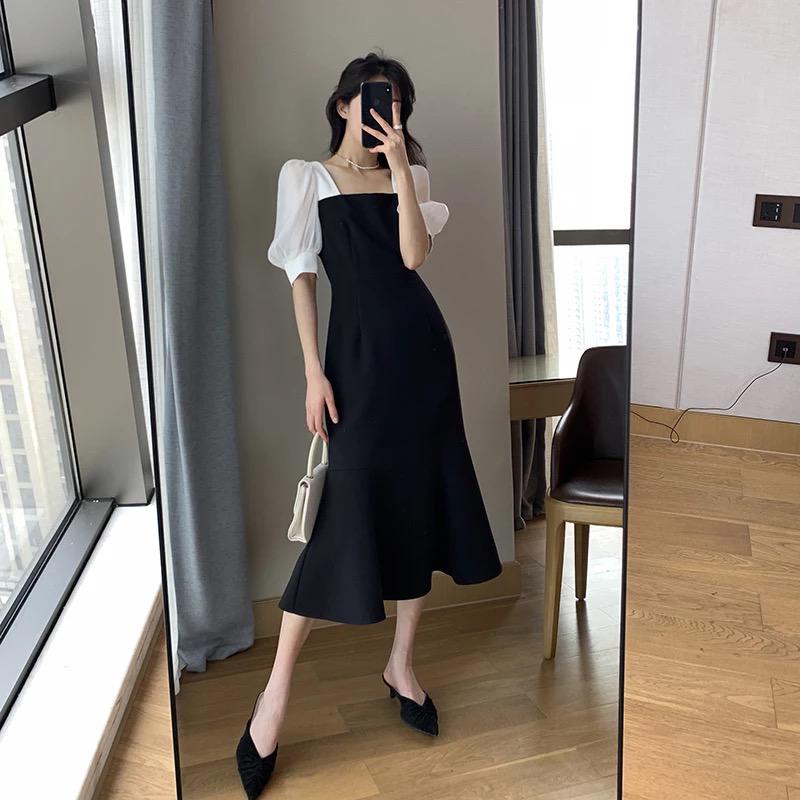 Basic id fashion Dres wanita  lengan pendek kombinasi / Gaun wanita elegant / Dres wanita pesta korean