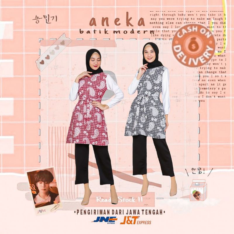 TWINS TUNIK BATIK CEWEK SELUTUT WARNA MERAH ABU GREY PUTIH LENGAN PANJANG KONDANGAN KERJA KANTOR