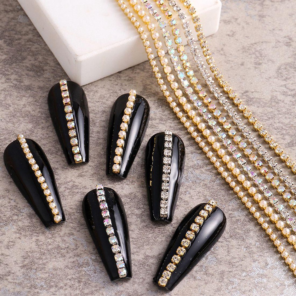 NEEDWAY Nail Art Rantai Glitter Emas/Perak Manikur Aksesori Salon DIY Kristal Studs Line Nail Jewelry Rhinestone