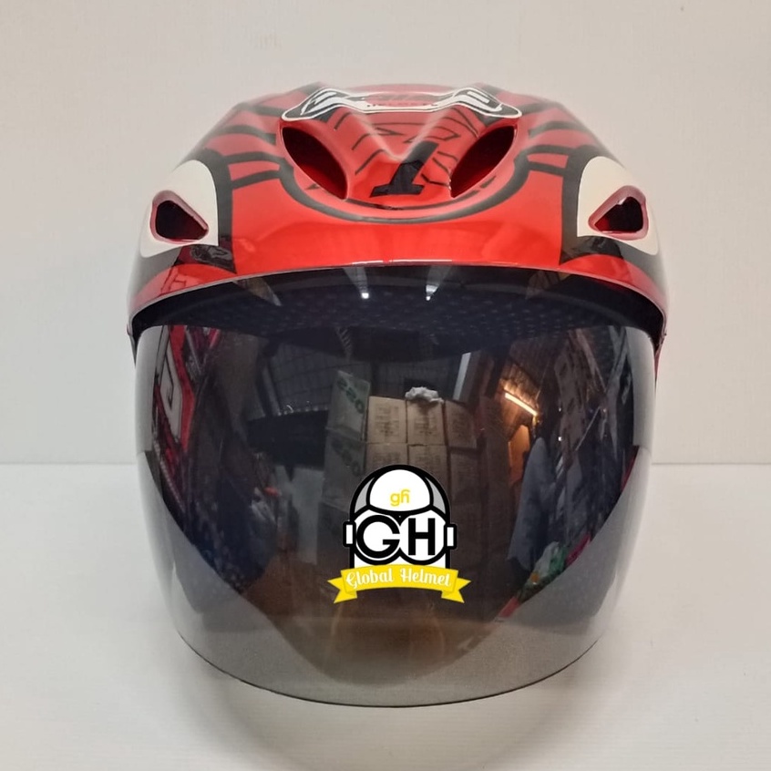 HELM HALF FACE MOTIF SPIDERMAN RED HALF FACE MURAH SNI SATU KACA