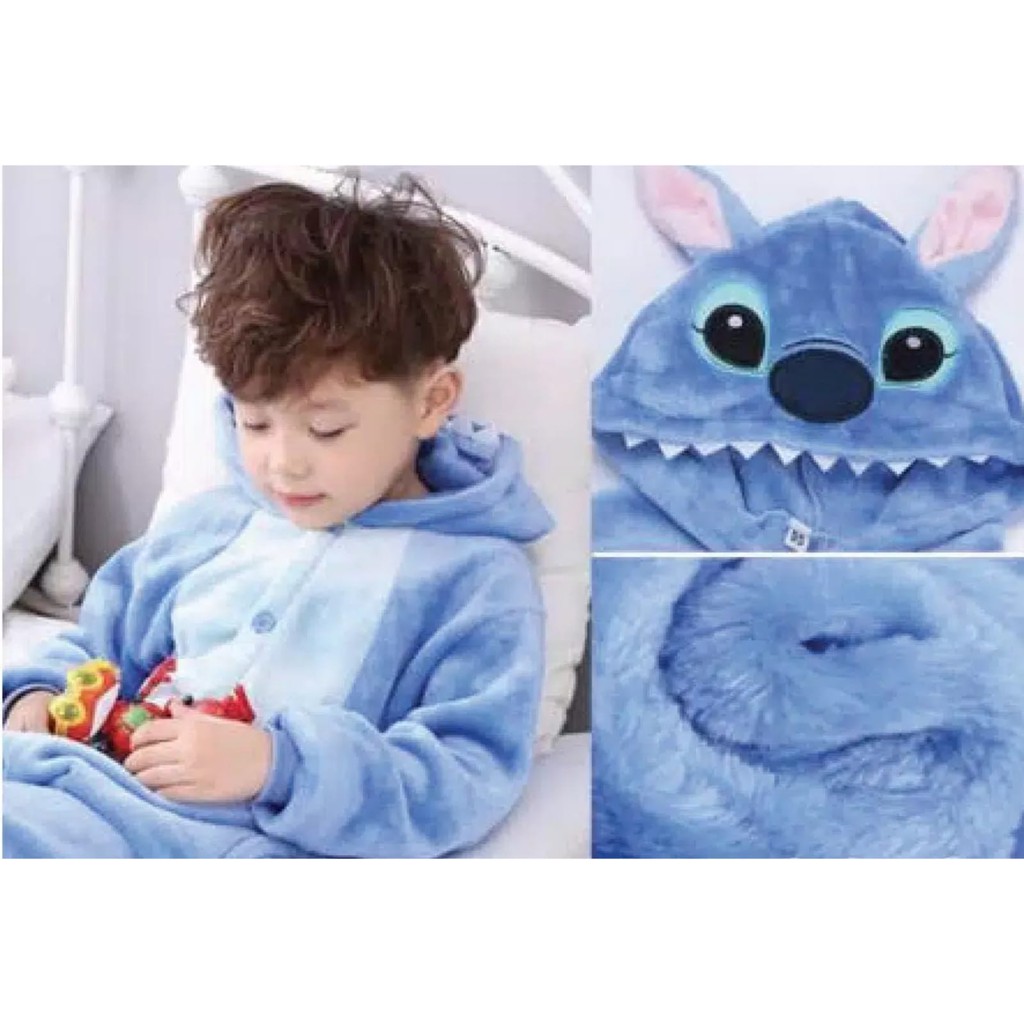 BAJU KOSTUM ONESIE KIGURUMI PIYAMA KARAKTER STITCH BLUE SIZE ANAK ANAK