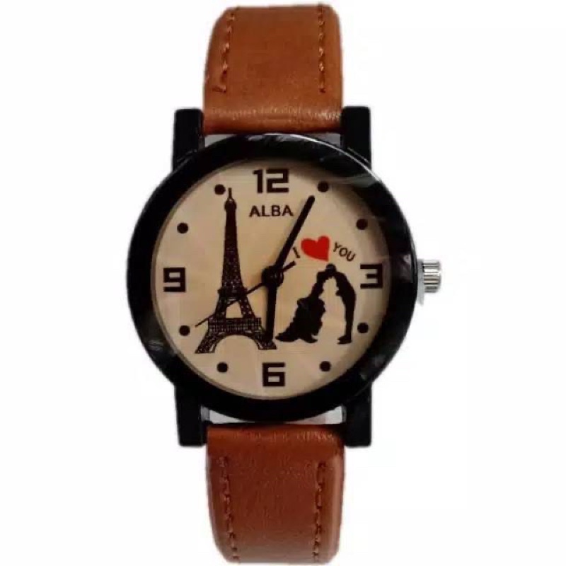 Jam Tangan Kulit Alba Motif Paris Kaca Belimbing