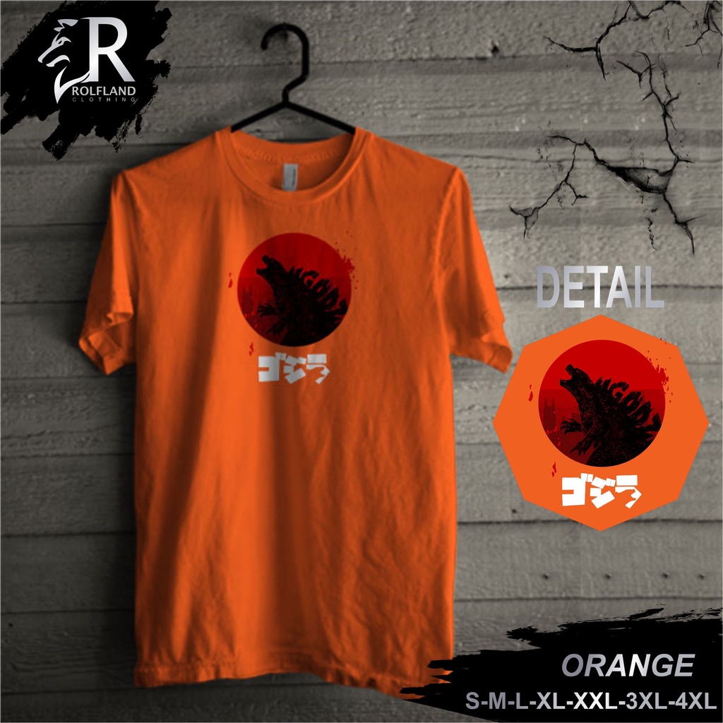 Kaos Pria Murah Distro Keren Polos Jumbo XXL Dewasa Motif Godzilla Orange Bahan Adem Nyaman
