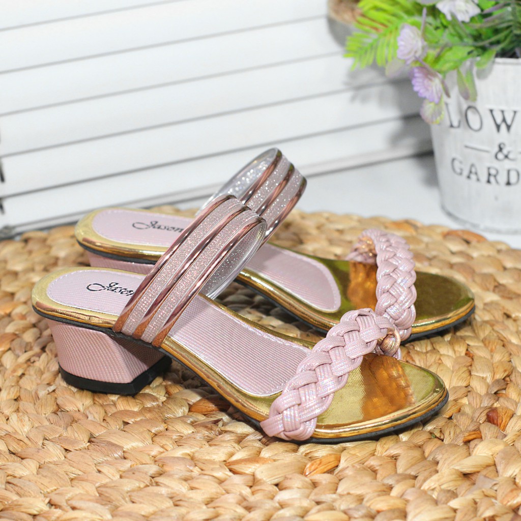 Sandal Heels Anak Perempuan Motif Tali Kepang Hak 3 Cm Sendal Anak Cewe Sepatu Pesta SINTAKEPANG