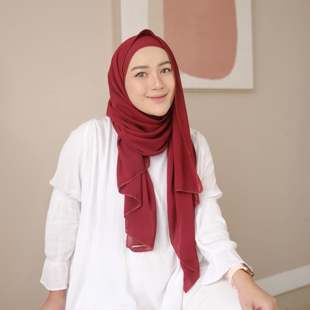 Lozy Hijab - Embroidery Signature Shawl Series 2 ( Pashmina Bordir Lozy x Hamidah )-Maroon